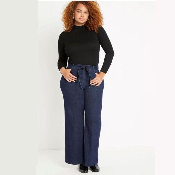 Eloquii Classic Fit Belted High Rise Wide Leg Jean - Picture 1 of 9